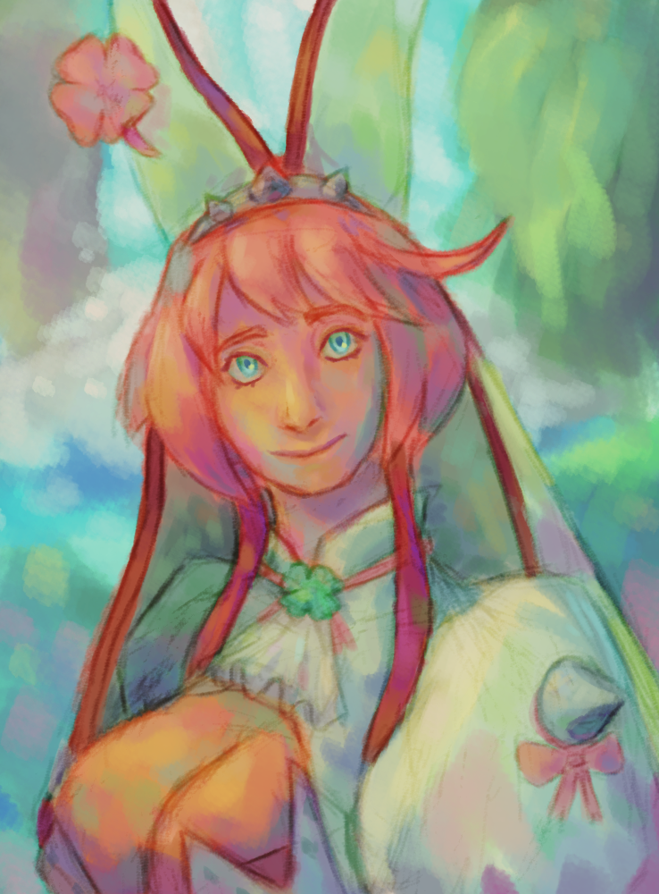 Digital portrait of Elphelt as she appears in Guilty Gear Xrd Sign. She has short pink hair and wears an outfit styled after a wedding gown, with the veil having stylized rabbit ears. Spikes adorn a headband and the shoulders of her poofy sleeves. She smiles warmly at the viewer in a forested area at the base of a waterfall, the hues of which bounce off of her.