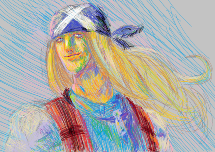 Digital painting of Axl Low as he appears in Guilty Gear Strive. He is rendered using every default color available in the Windows 10 edition of MS Paint and nothing else, resulting in a chaotic mix of hues wherever any single color isn't a suitable fit, which is especially apparent in his face. He smiles as wind flows through his hair.