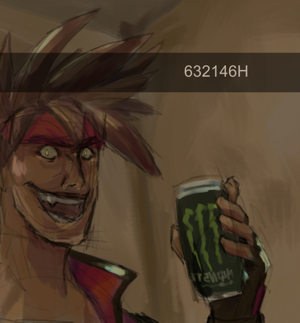 Redraw of the 'KILL' meme. Sol Badguy raises a can of Monster with a deranged grin and crazed, piercing yellow eyes. A black bar is overlaid with a caption that is the numberpad notation for his Overdrive, a half-circle motion back, forward, and then Heavy Slash, rather than the word 'kill', but it is treated the same. The overall color palette is dark and harsh, with the environment being a dim corner in a nondescript, beige room.