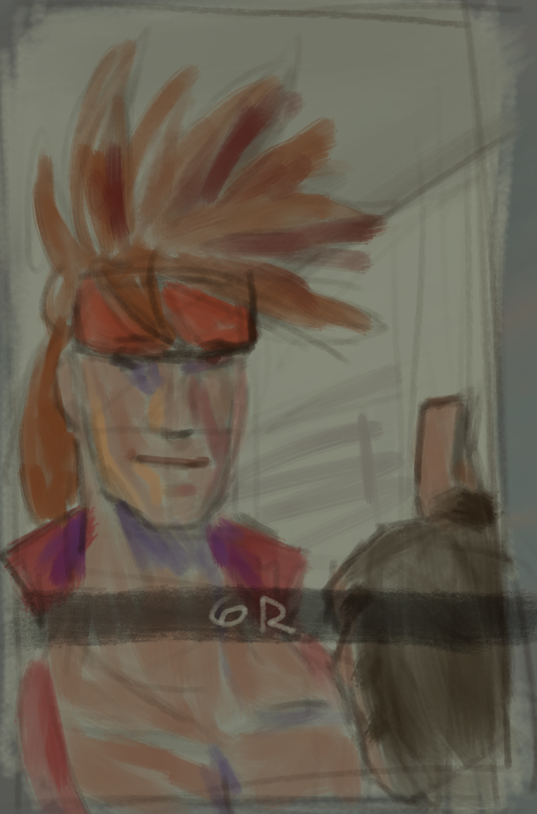 Redraw of the 'Live' meme. Rather than raising a water bottle as if to toast, Sol gives a simple thumbs up, inspired by his 'respect' animation, whose input is notated in the caption overlaid in a black bar. Sol smiles like a normal person. The colors are relatively light and soft, and the drawing was done quick and rough with thick brush strokes.