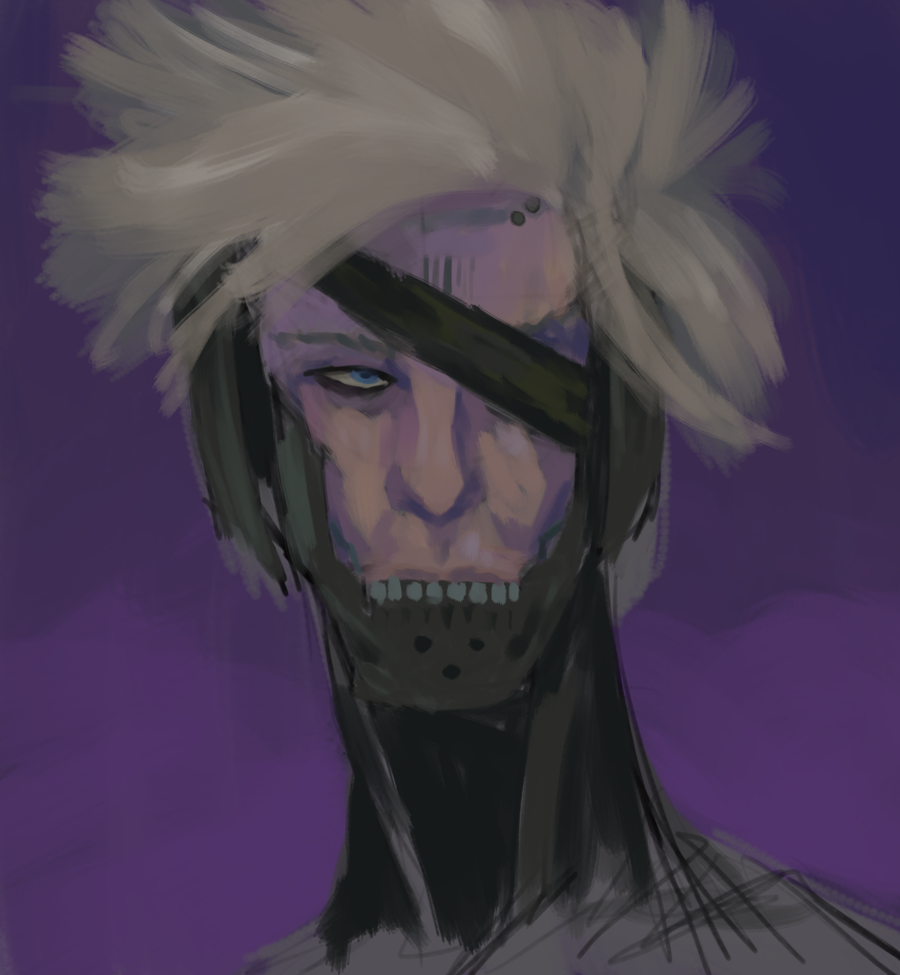 Painting of Raiden as he appears in Metal Gear Rising. The sketch and underpainting are visible in places, primarily at the bottom, where it becomes fully visible.