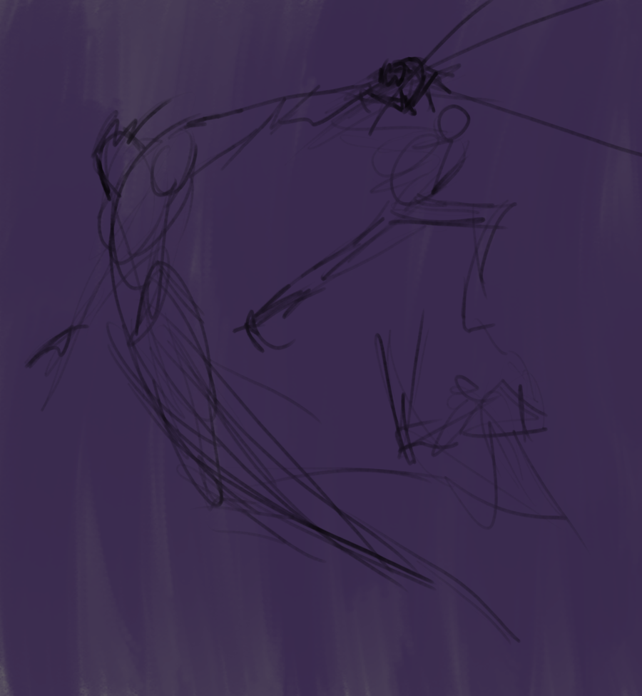 Very rough and loose figures, some with the implication of a sword, drawn in black on a painted purple background.