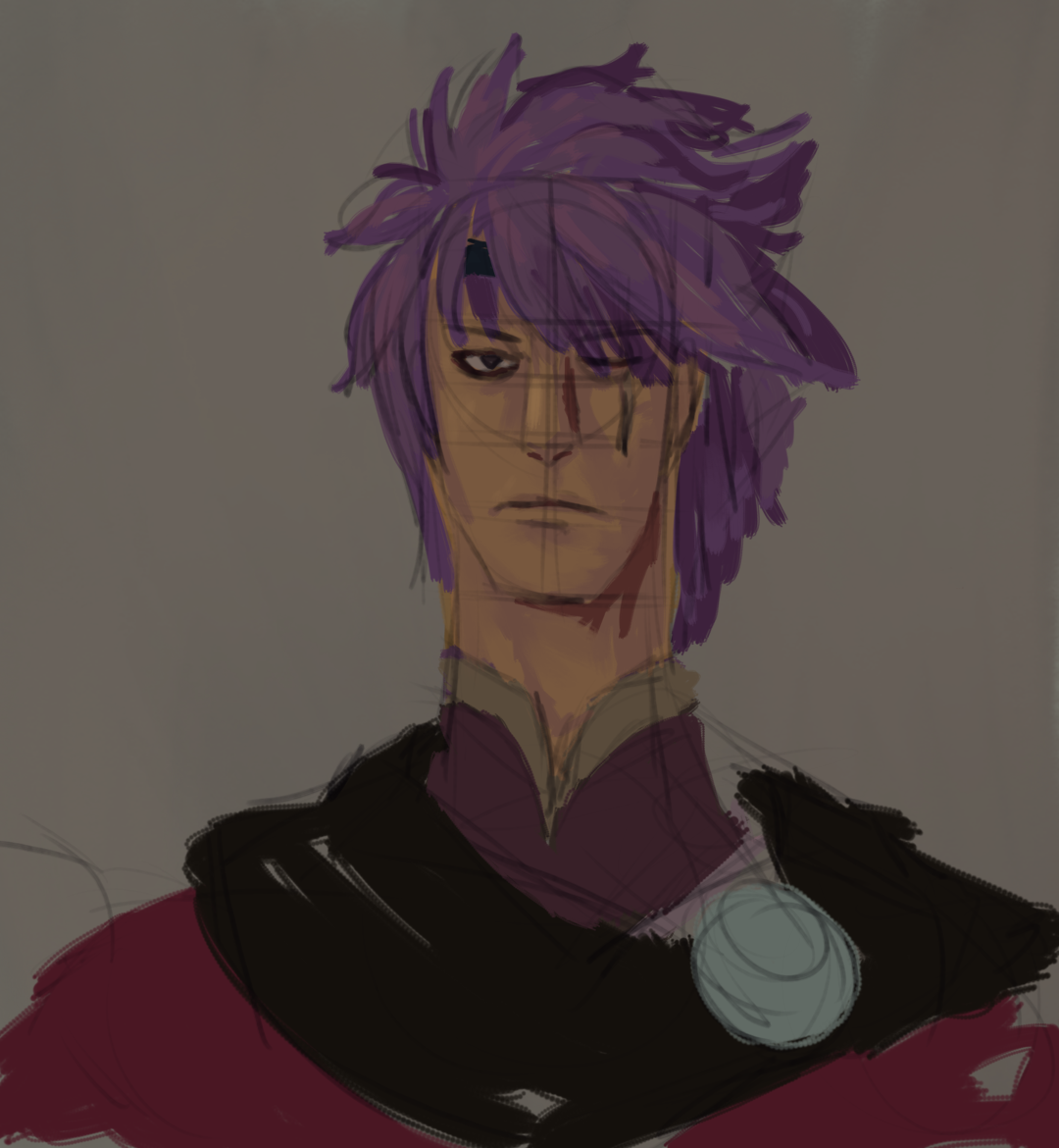 Forward facing headshot of Deen as he appears in Fire Emblem Echoes: Shadows of Valentia. The colors under the sketch are partly painted, but mainly laid down without blending, except for a bit on his skin.