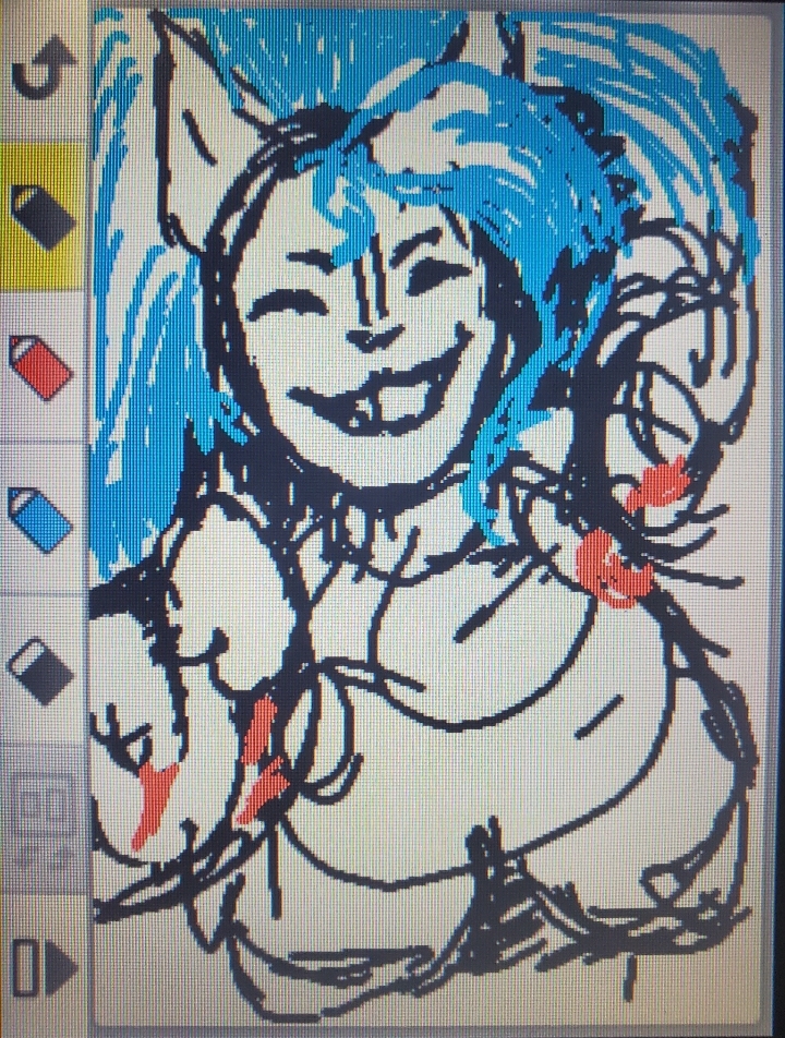 Digital drawing of Felicia from Darkstalkers grinning and posing like a cat mid-pounce, drawn in Game Notes on the 3DS. As a result, the colors are extremely limited, being only black, red, blue, and the white canvas. I took a picture of the screen with my phone so it's a little grainy.