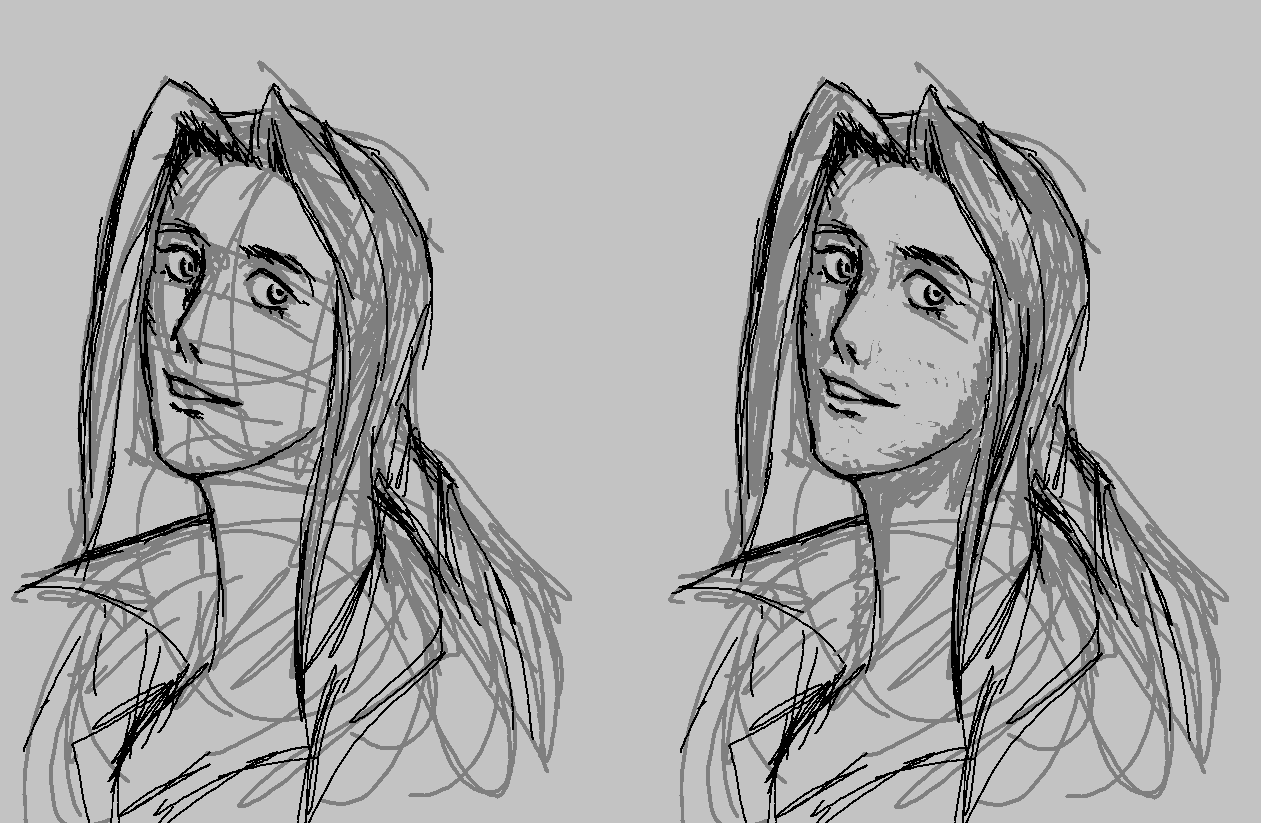 Two versions of a drawing of a random androgynous person with long hair pulled into a thick braid at the back and bangs in the form of hair vents. One of the drawings is the rough sketch and lines I initially did, while the other is partially cleaned up, using the color of the sketch to instead portray shading.