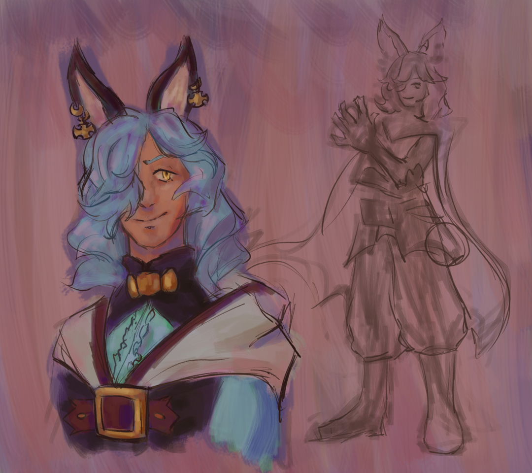 Two drawings of Drang from Granblue Fantasy. One is a very rough redraw of his dialogue portrait, while the other is a closer drawing of his face that's more polished, having somewhat loose but more deliberate lineart than usual and brighter colors.