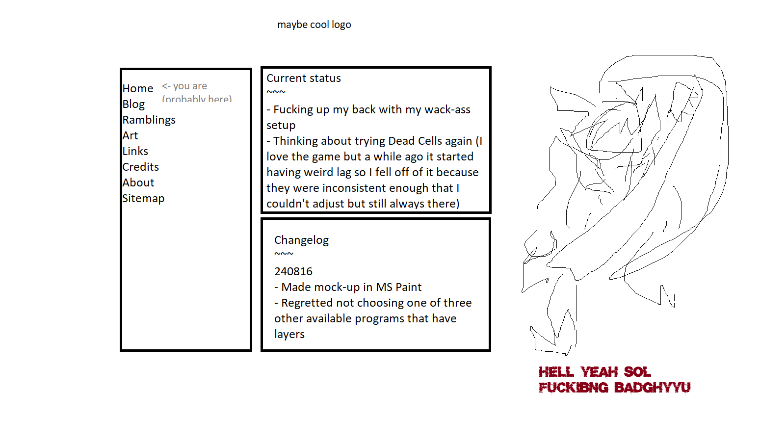 ms paint mockup of what the site could be. it's three boxes, one of which serves as a sidebar and two that are stacked, showing 'current status' and a changelog. off to the side would be art i like, which is represented as a crude mouse drawing of sol badguy